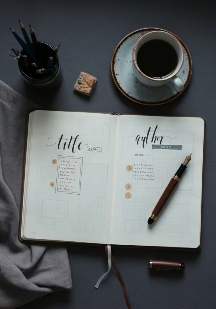 25 Best Gifts for Book Lovers (Unique Ideas Every Reader Will Love) 14 An open reading journal with handwritten notes about a book, next to a pen and coffee.