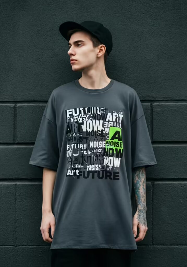 A charcoal t-shirt with a chaotic jumble of overlapping words in different fonts.