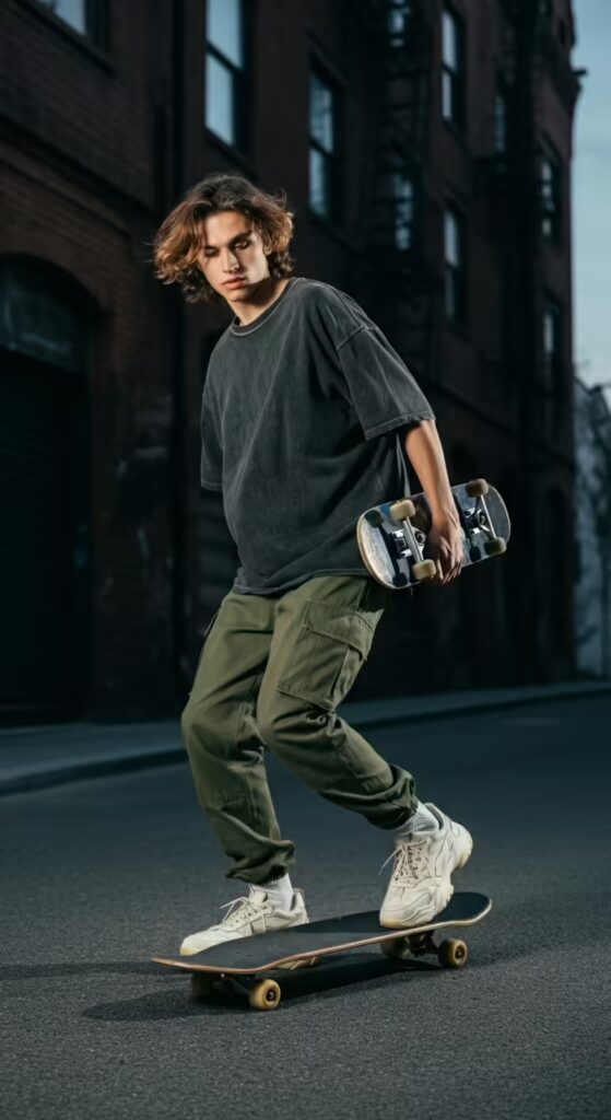 Oversized vs Regular Fit: 10 Style Ideas to Master Both T-Shirt Fits 6 A man in a baggy t-shirt outfit with an oversized graphic tee, cargo pants, and chunky sneakers.