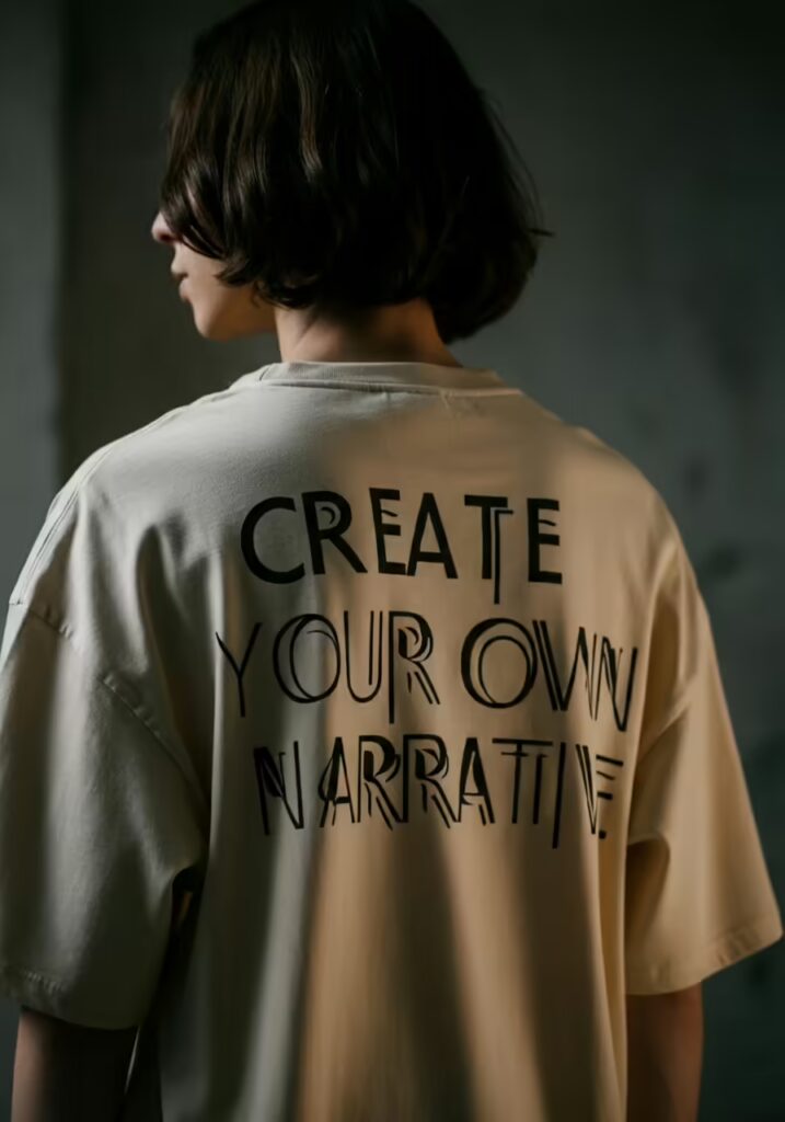 Oversized vs Regular Fit: 10 Style Ideas to Master Both T-Shirt Fits 10 Back view of a person wearing an oversized t-shirt with a large, bold typographic print on the back.