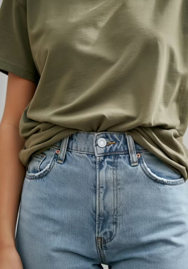 Oversized vs Regular Fit: 10 Style Ideas to Master Both T-Shirt Fits 9 A close-up detail shot of a French tuck on an oversized t-shirt with light-wash jeans.