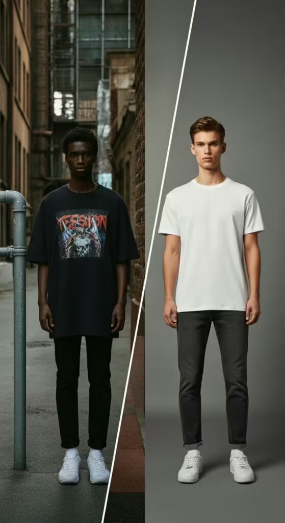 Oversized vs Regular Fit: 10 Style Ideas to Master Both T-Shirt Fits 2 A split screen showing a model in an oversized t-shirt on one side and a regular fit t-shirt on the other.