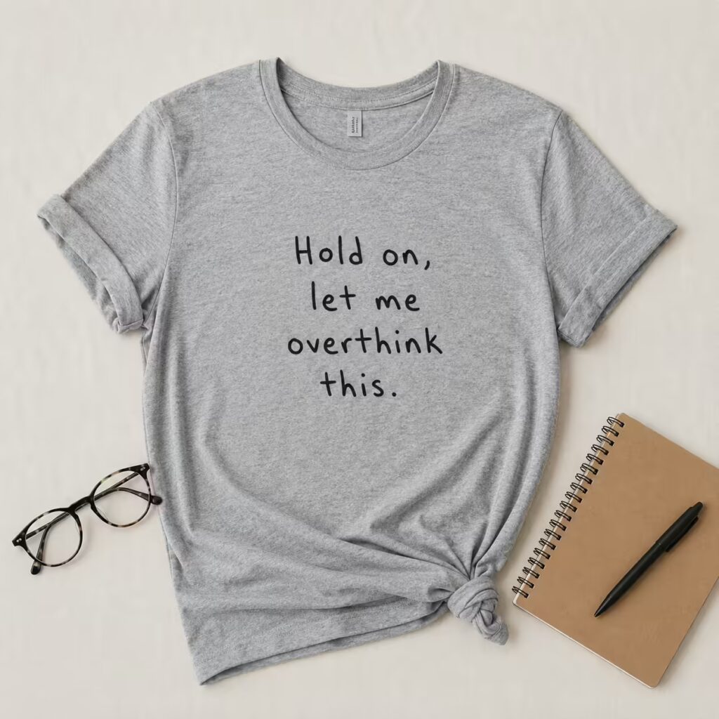 Flat lay of a heather gray t-shirt with the text 'Hold on, let me overthink this