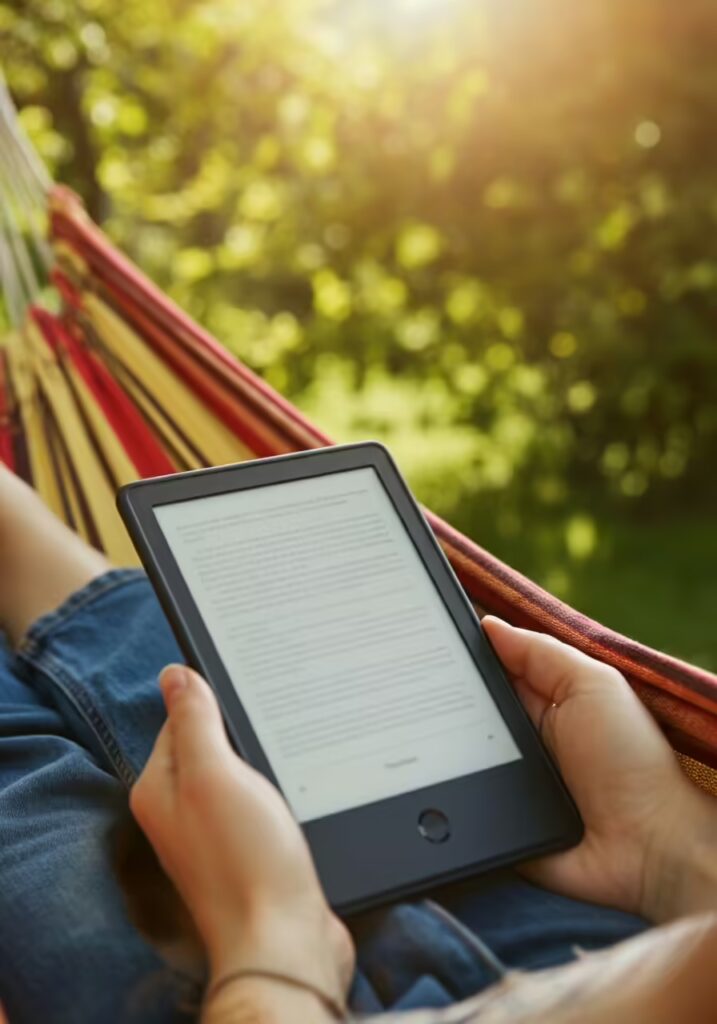 25 Best Gifts for Book Lovers (Unique Ideas Every Reader Will Love) 8 A person relaxing in a hammock outdoors, reading on a modern e-reader.
