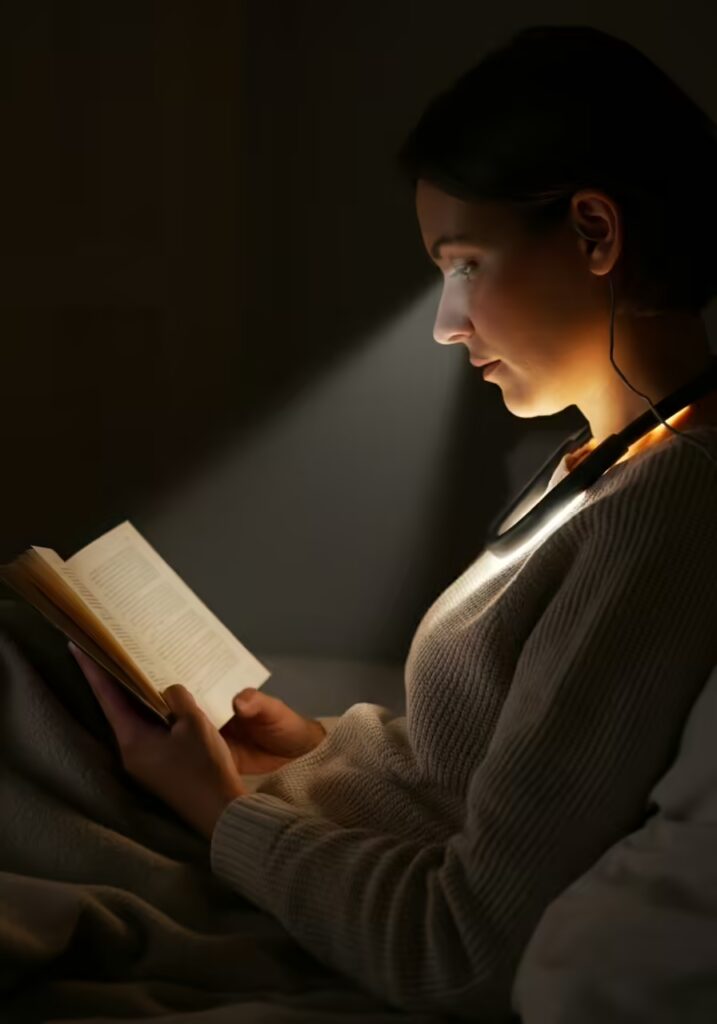 25 Best Gifts for Book Lovers (Unique Ideas Every Reader Will Love) 7 A person reading a book in bed at night using a hands-free neck reading light.