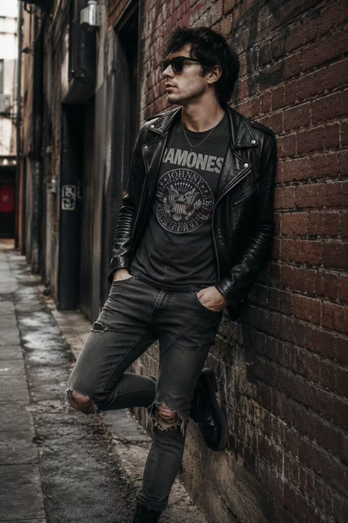 Modern T-Shirt Ideas: 4 Styles to Instantly Elevate Your Look 4 A person with an edgy style wearing a faded vintage band t-shirt and leather jacket
