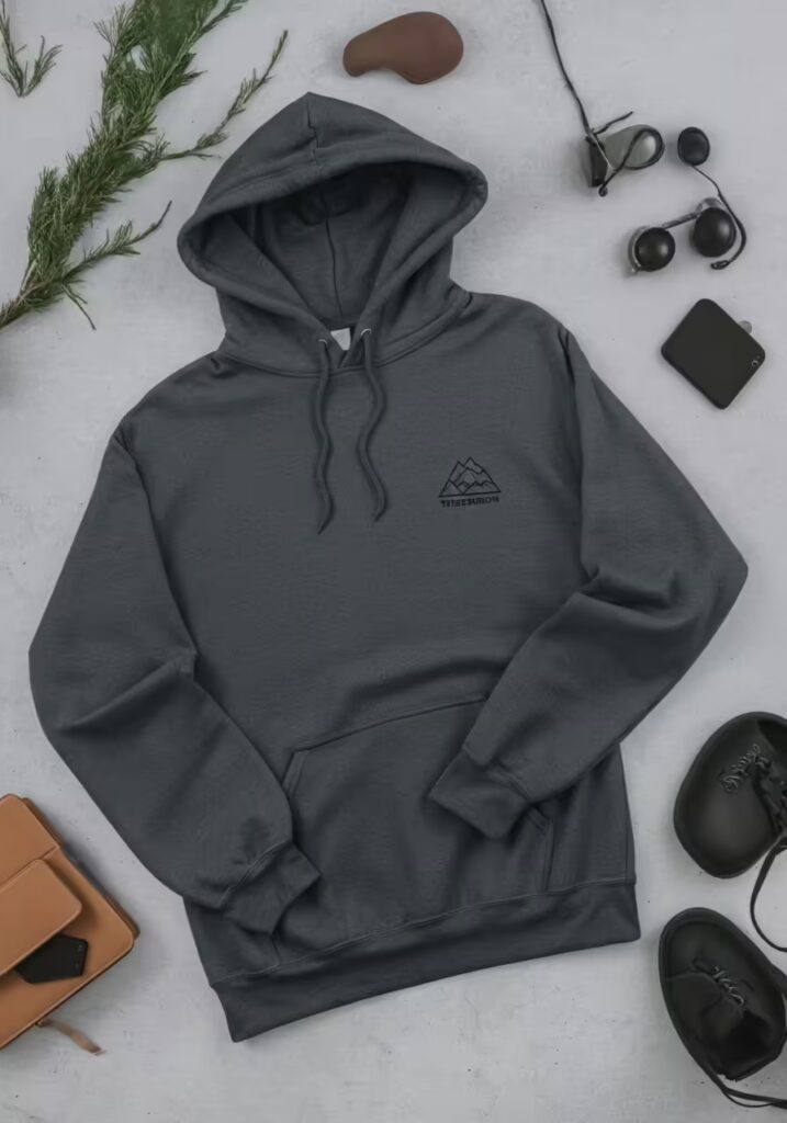 25 Best Gift Ideas for Dads Who Have Everything 9 A stylish, personalized charcoal grey hoodie with a minimalist mountain range graphic, laid flat.