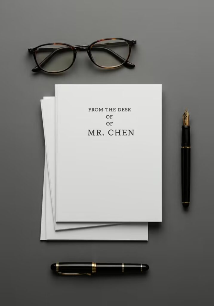 A flat lay of personalized stationery for a teacher, with the name 'Mr. Chen'.