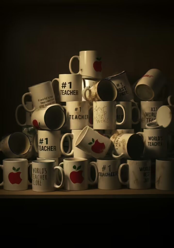 A humorous photo of a large, dusty pile of '#1 Teacher' mugs. 