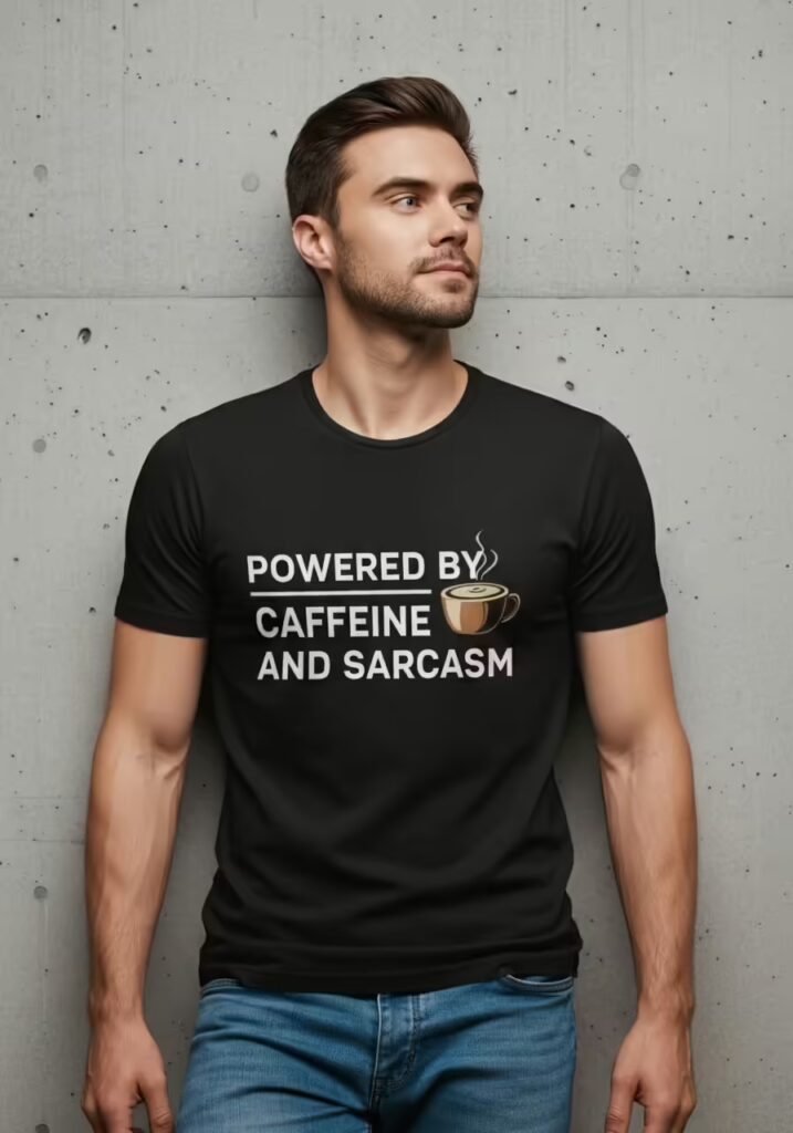50+ Best Coffee Lover Quotes to Kickstart Your Day 4 A man with a smirk wearing a black t-shirt with the coffee and sarcasm quote.