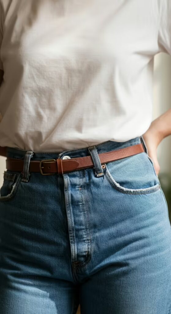 Oversized vs Regular Fit: 10 Style Ideas to Master Both T-Shirt Fits 3 A stylish person tucking a white regular fit t-shirt into high-waisted blue jeans.