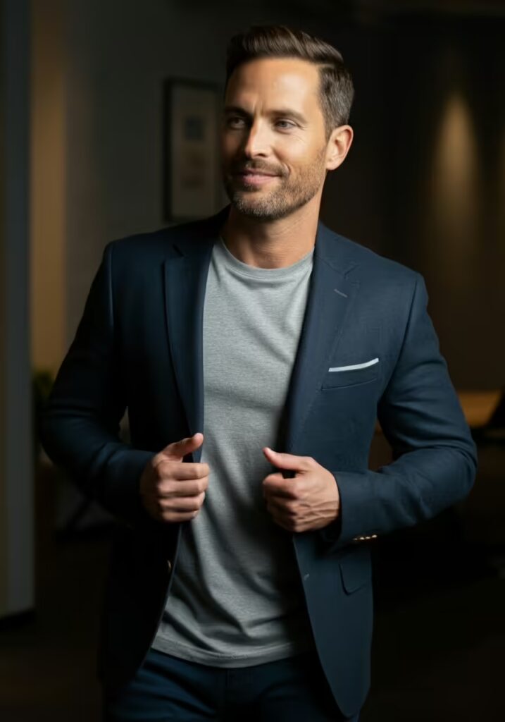 Oversized vs Regular Fit: 10 Style Ideas to Master Both T-Shirt Fits 4 A professional man wearing a grey regular fit t-shirt layered under a navy blue blazer.