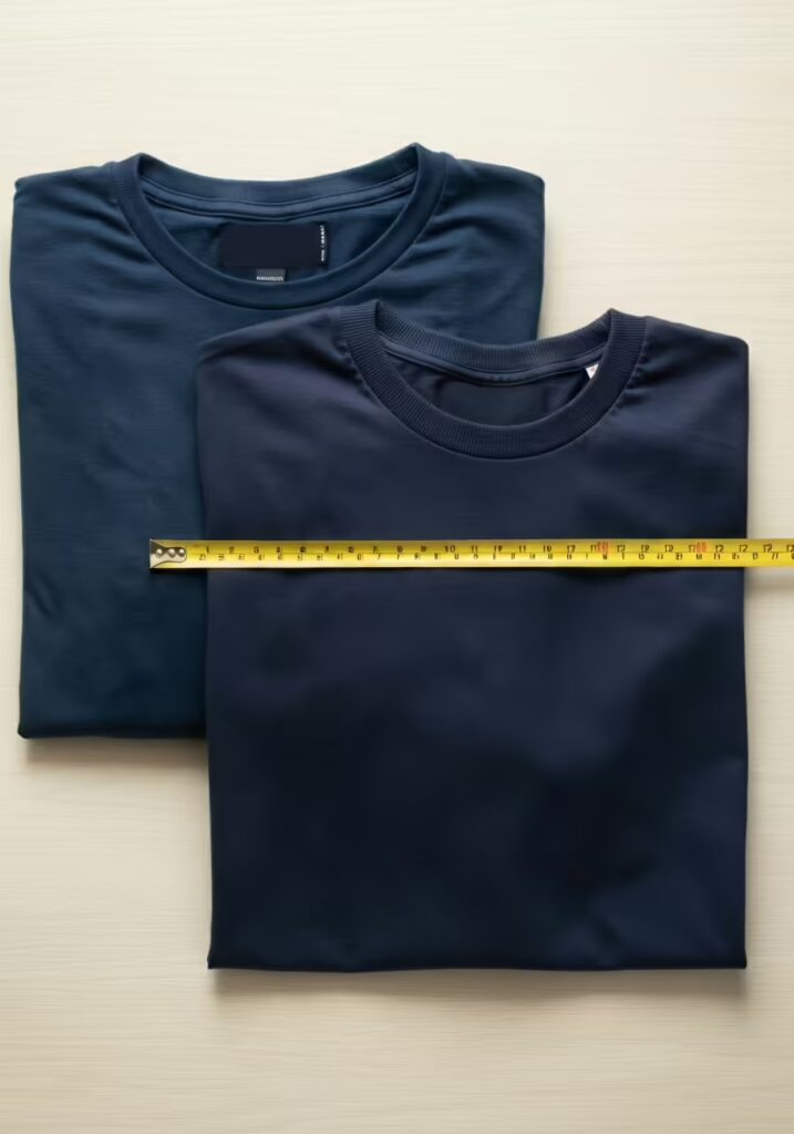 Oversized vs Regular Fit: 10 Style Ideas to Master Both T-Shirt Fits 11 A flat lay comparing a folded regular fit t-shirt next to a folded oversized t-shirt.