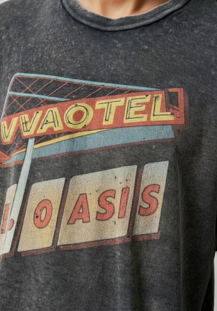 Summer T-Shirt Ideas to Refresh Your Warm-Weather Style 8 Close-up of a vintage-wash t-shirt with a retro motel sign graphic.