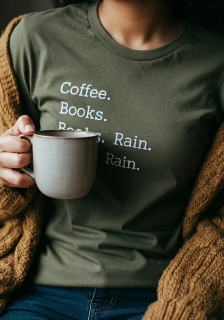 An olive green t-shirt with the list 'Coffee. Books. Rain.' in a typewriter font.