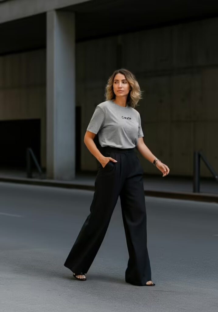 10 Minimalist T-Shirt Style Ideas for a Clean & Modern Look 2 A woman wearing a grey t-shirt with the word 'Create' styled with black trousers on a city street.