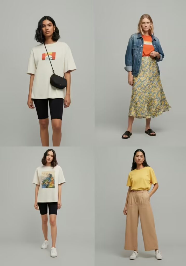 Summer T-Shirt Ideas to Refresh Your Warm-Weather Style 2 Mood board showing four ways to style summer t-shirts