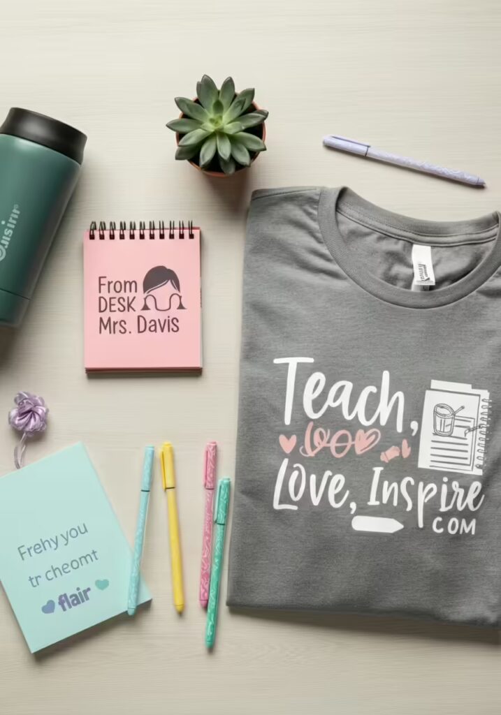 A flat lay of the best gifts for teachers, including a t-shirt, tumbler, and stationery. 