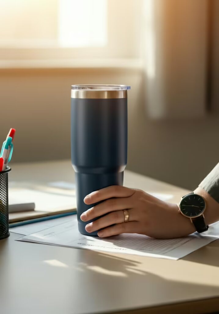 A teacher's hand holding a high-quality insulated tumbler at their desk. 