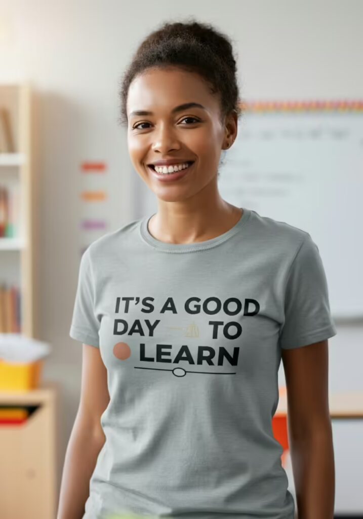 A female teacher wearing a custom t-shirt that says 'It's a good day to learn'. 