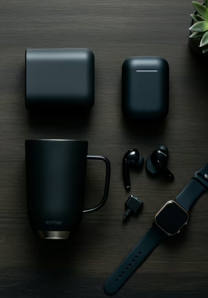 25 Best Gift Ideas for Dads Who Have Everything 2 A flat lay of tech gifts for dad including a smart mug, wireless earbuds, and a power bank on a wooden desk
