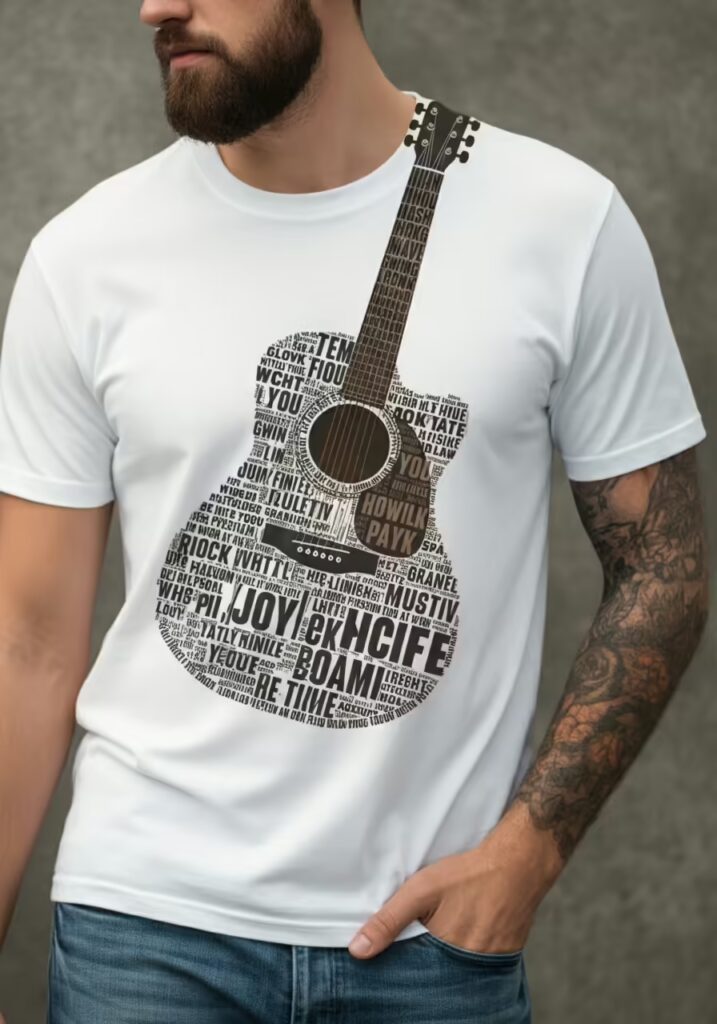 A t-shirt design where song lyrics are arranged to form the shape of a guitar.
