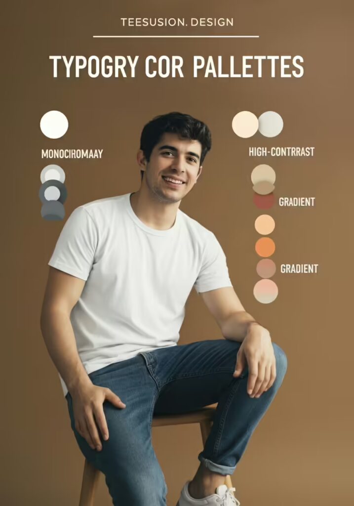 A graphic showing four color palettes for t-shirt typography: Monochromatic, Retro, High-Contrast, and Gradient.