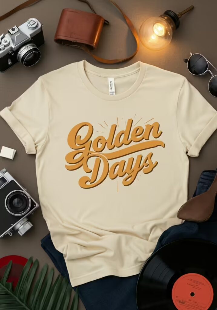 A flat lay of a cream-colored vintage t-shirt with 'Golden Days' in a yellow script font.
