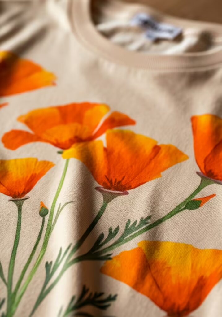 Summer T-Shirt Ideas to Refresh Your Warm-Weather Style 6 A close-up shot of a t-shirt with a detailed watercolor print of poppies.