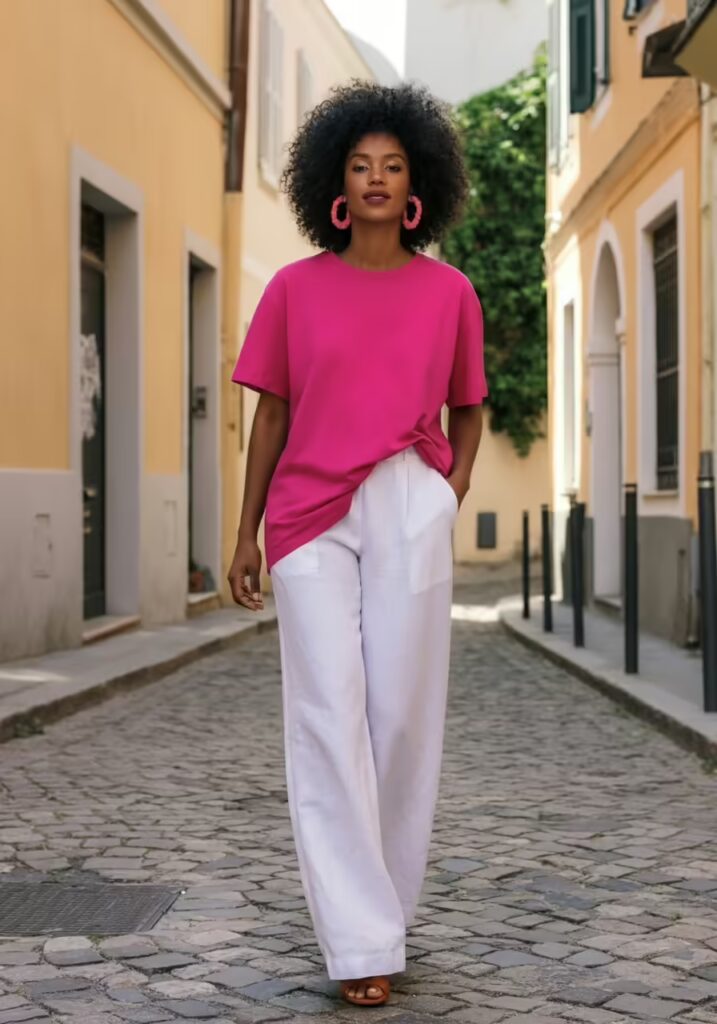 Summer T-Shirt Ideas to Refresh Your Warm-Weather Style 3 A stylish woman wearing a vibrant fuchsia oversized t-shirt and white linen pants