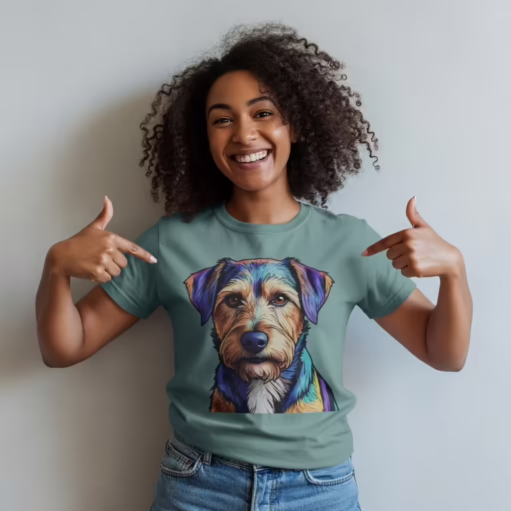Why Dog Moms Love Personalized Apparel: The Rise of the Dog Mom Uniform 6 A woman proudly pointing to the custom illustration of her unique-looking dog on her t-shirt