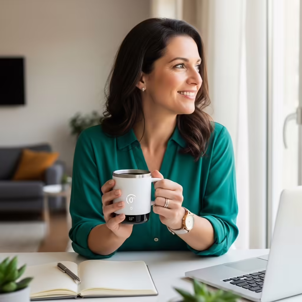 25 Thoughtful Gifts for Mom She’ll Actually Love 6 A woman smiling as she enjoys a hot coffee from a sleek, white smart mug at her desk
