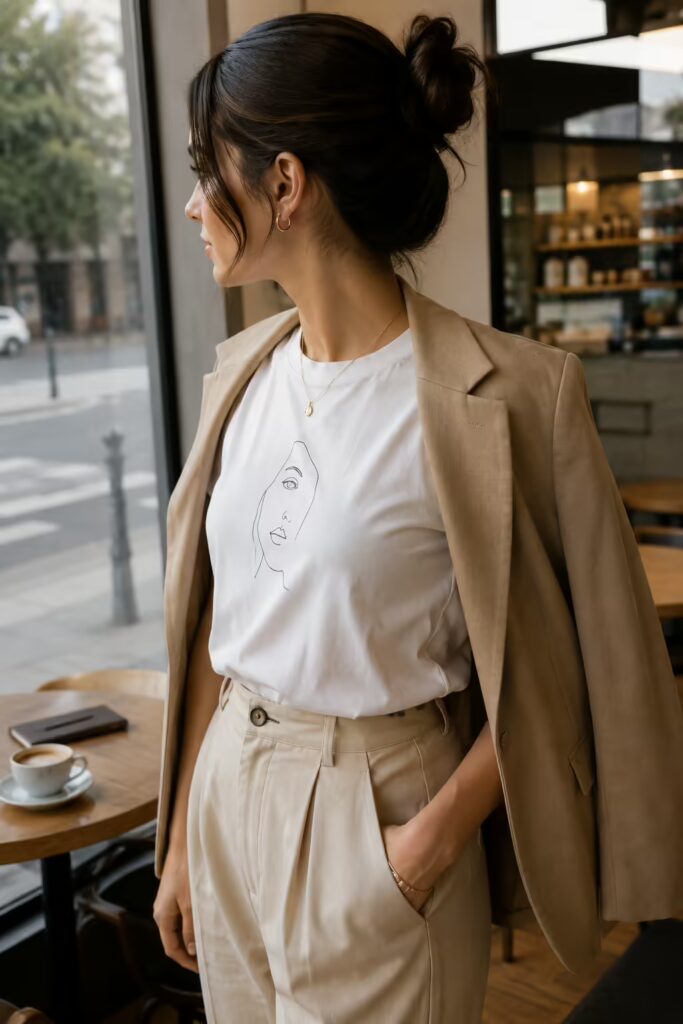 Modern T-Shirt Ideas: 4 Styles to Instantly Elevate Your Look 3 A woman styling a minimalist graphic tee with a blazer and trousers