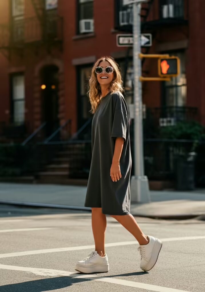 Oversized vs Regular Fit: 10 Style Ideas to Master Both T-Shirt Fits 7 A woman confidently walking in a long oversized t-shirt styled as a dress, with sneakers and sunglasses.