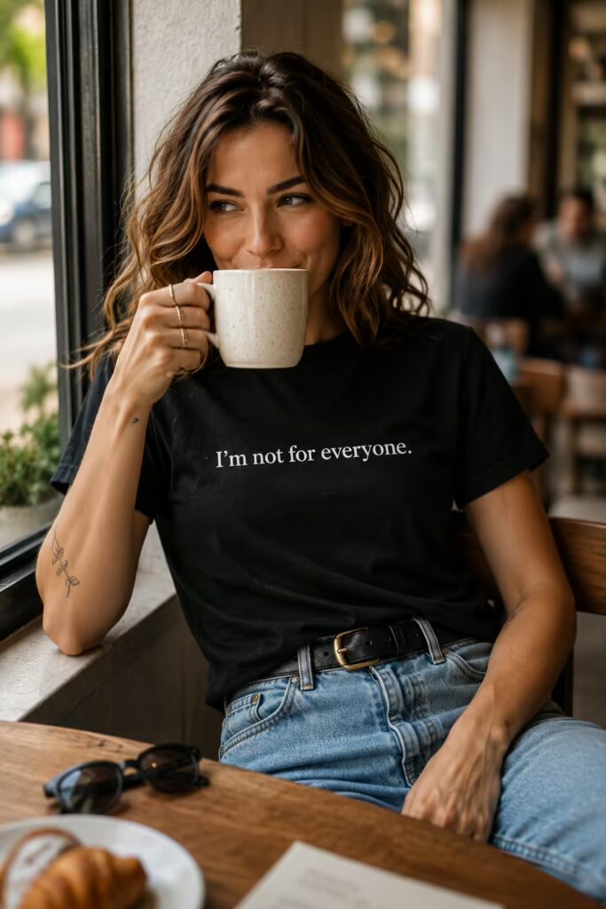 A stylish woman wearing a black t-shirt with the white text 'I'm not for everyone.'
