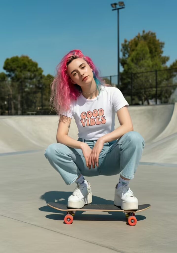 Summer T-Shirt Ideas to Refresh Your Warm-Weather Style 7 A young person in a Y2K-style fitted baby tee and baggy jeans.
